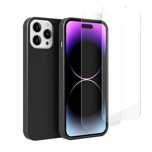 Coque Silicone Noir Mat Pour Iphone 14 Pro Max 6,7"+ 2 Verre Trempé Film Protection Écran - Anti Rayures - Ultra Résistant Dureté 9h