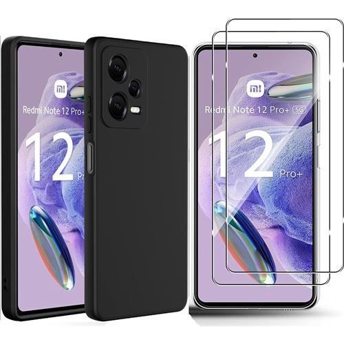 Coque Silicone Noir Mat Pour Xiaomi Redmi Note 12 Pro 5g + 2 Verre Trempé Film Protection Écran - Anti Rayures - Ultra Résistant Dureté 9h