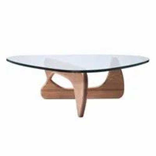 Table Basse Verre Trempé -19mm Style Noguchi -Table Basse Ronde-Table De Salon Avec Pieds En Bois - Noyer Clair