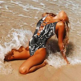 Maillot de bain une pièce pour femme couleur unie imprimé couture Sexy dos  nu col en V été plage maillot de bain