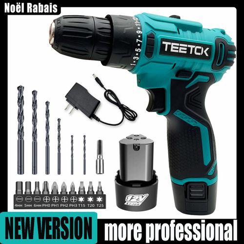 TEETOK Perceuse Visseuse 12V Sans Fil Tournevis électrique avec 2x Batterie au Lithium et chargeur, 2 Vitesses Devisseuse, Lumière LED, avec 17 pcs Accessoires Kit set Driver&Drills twist Rechargeable