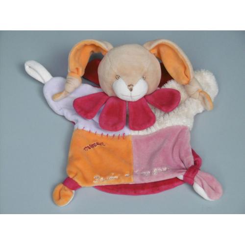 Doudou Et Compagnie Lapin Beige Rouge Orange Rose Maman Marionnette