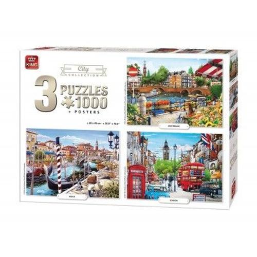 3 Puzzles Villes Illustrées Londres Venise Amsterdam 3x1000 Pièces