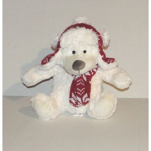 Peluche Ours Blanc Primatis - Doudou Ours Assis Bonnet En Laine