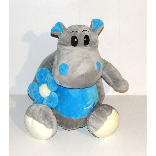 Peluche Hippopotame Gris Fleur Bleu Doudou Animal Casino 42 Cm