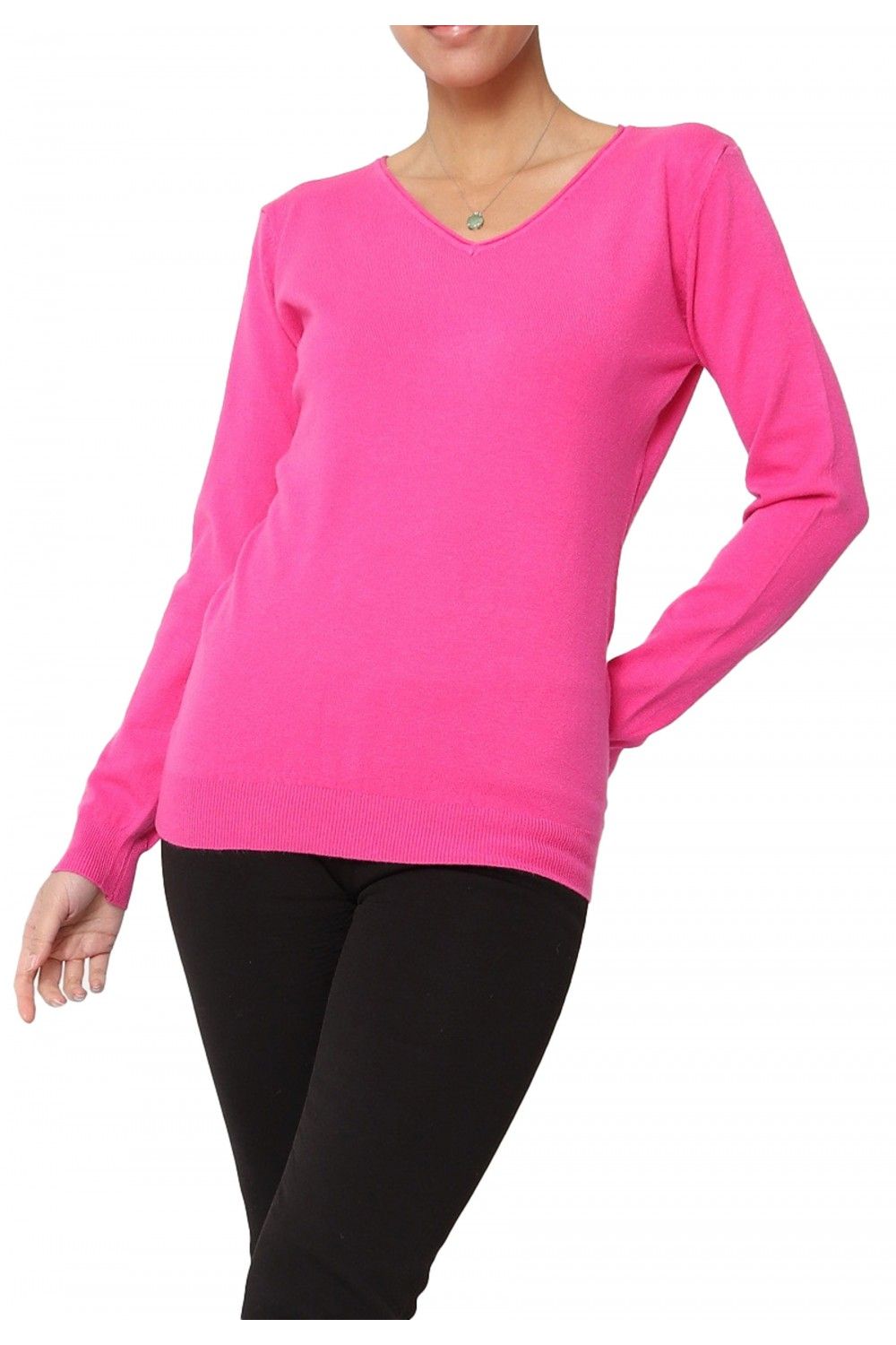 Pull Col V Fushia Femme