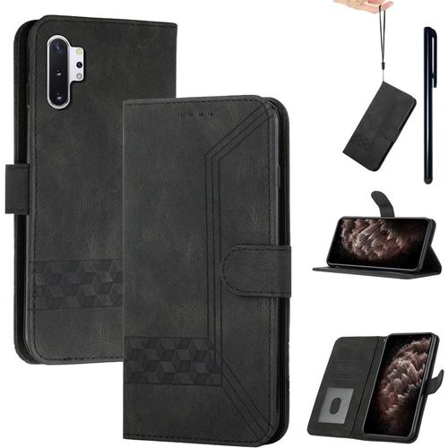 Coque Compatible Avec Samsung Galaxy Note 10 Plus Premium Pu Cuir Flip Case Portefeuille Magnétique Housse Avec Béquille Fentes Cartes 1 Avec Stylet Noir