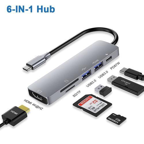 6 en 1 (HDMI.Carte) - Adaptateur Hub USB C avec HDMI 4K 100W PD USB C 3 USB A TF/SD 3.5mm Audio Thunderbolt 3 USBC pour iPad Pro MacBook Air/Pro,XPS