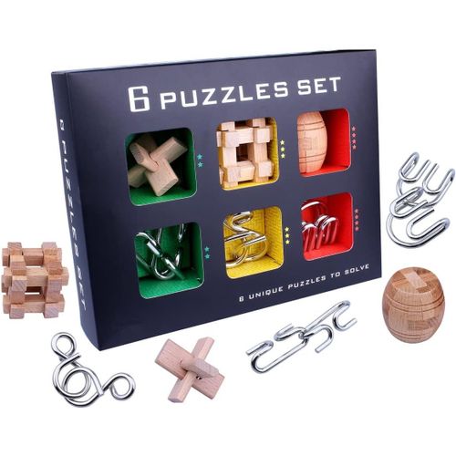 6 Pices 3D Puzzle en Mtal Casse-tte en Bois - Classique Brain Teaser IQ Puzzle ducatif Jouet Jeu Jigsaw pour Enfants et Adultes