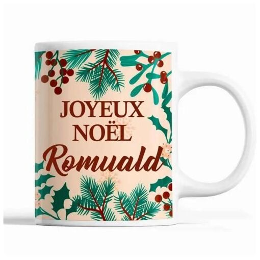 Tasse Noël Romuald Beige | Mug Prénom Idée Cadeau Secret Santa