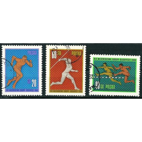 Pologne 1966, Championnat D'europe Athlétisme De Budapest, Beaux Timbres Yvert 1531 Sprint, 1533 Javelot, 1534 Course De Haies, Oblitérés, Tbe. -