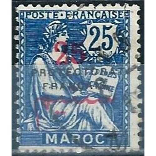 Maroc, Protectorat Français 1914 / 1921, Beau Timbre Yvert 44, Type Mouchon 25c. Bleu Avec Double Surcharge, Oblitéré, Tbe.