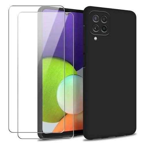 Coque Silicone Noir Mat Pour Samsung Galaxy A22 4g + 2 Verre Trempé Film Protection Écran - Anti Rayures - Ultra Résistant Dureté 9h