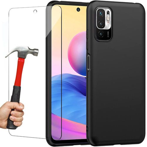 Coque Silicone Noir Mat Pour Xiaomi Redmi Note 10 4g + 2 Verre Trempé Film Protection Écran - Anti Rayures - Ultra Résistant Dureté 9h