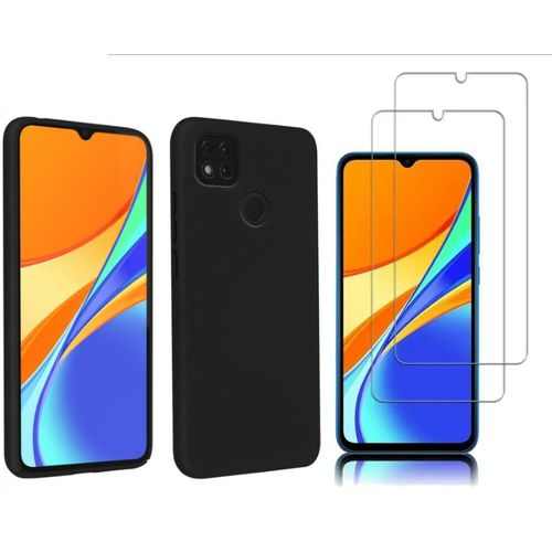 Coque Silicone Noir Mat Pour Xiaomi Redmi 10a, Xiaomi Redmi 9c + 2 Verre Trempé Film Protection Écran - Anti Rayures - Ultra Résistant Dureté 9h