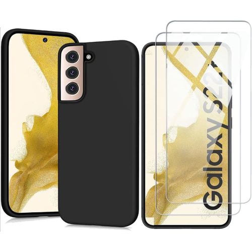 Coque Silicone Noir Mat Pour Samsung Galaxy S22 Plus + 2 Verre Trempé Film Protection Écran - Anti Rayures - Ultra Résistant Dureté 9h