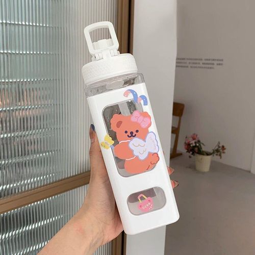 900ml - Blanc G - Bouteille D'eau Portable Kawaii Shaker Avec Autocollant De Paille, Jolie Gourde En Plastique Sans Bpa, Bouteille À Clics Pour Fille, Thé Et Lait