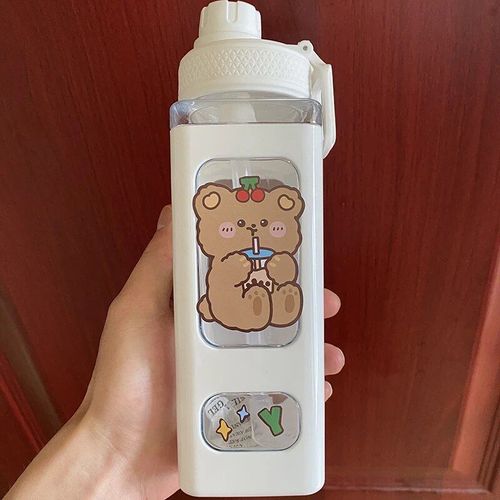 900ml - Blanc E - Bouteille D'eau Portable Kawaii Shaker Avec Autocollant De Paille, Jolie Gourde En Plastique Sans Bpa, Bouteille À Clics Pour Fille, Thé Et Lait