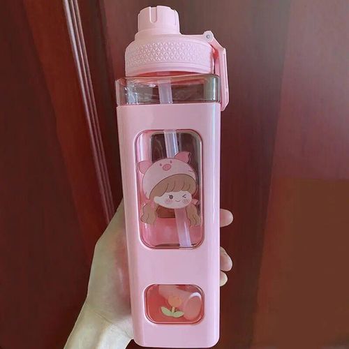 900ml - Rose 2 - Bouteille D'eau Portable Kawaii Shaker Avec Autocollant De Paille, Jolie Gourde En Plastique Sans Bpa, Bouteille À Clics Pour Fille, Thé Et Lait