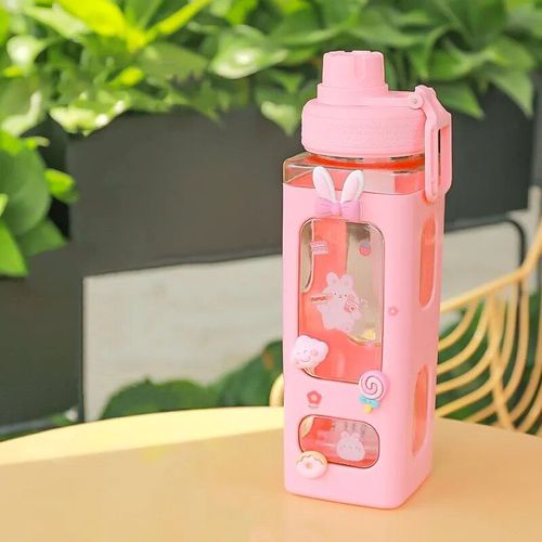 700ml - Rose F - Bouteille D'eau Portable Kawaii Shaker Avec Autocollant De Paille, Jolie Gourde En Plastique Sans Bpa, Bouteille À Clics Pour Fille, Thé Et Lait