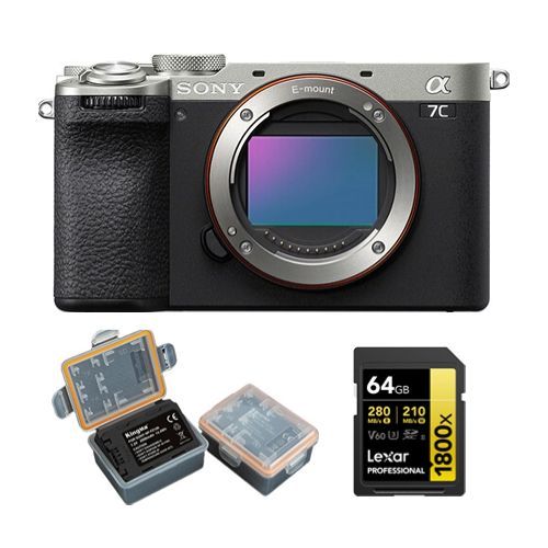 Sony Alpha A7C II Corps Argent+Lexar Carte mémoire SDXC professionnelle 1800x UHS-II 64Go+Kingma 2000 mAh (Sony NP-FZ100) batterie