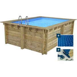 Piscine bois rectangle " Caimans " - 4.10 x 3.00 x 1.24 m + Bâche à bulles 180 µ - Bâche hiver 280 g/m²