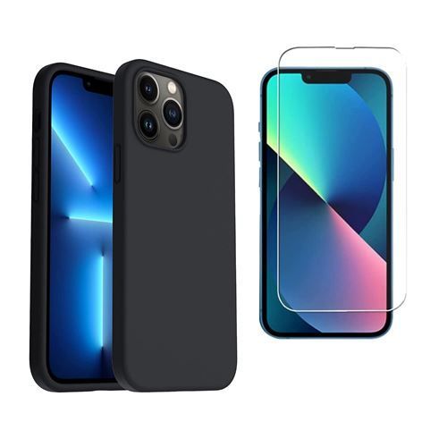 Coque Silicone Noir Mat Pour Iphone 13 Pro Max 6,7 Pouces + 2 Verre Trempé Film Protection Écran - Anti Rayures - Ultra Résistant Dureté 9h