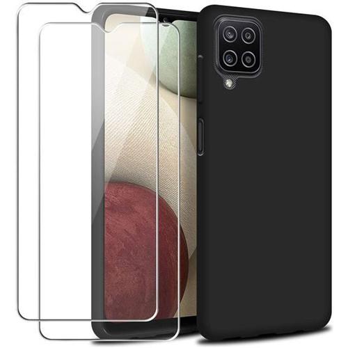 Coque Silicone Noir Mat Pour Samsung Galaxy A12, M12 + 2 Verre Trempé Film Protection Écran - Anti Rayures - Ultra Résistant Dureté 9h