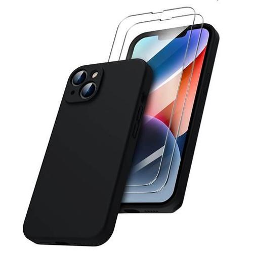 Coque Silicone Noir Mat Pour Iphone 14 6,1" + 2 Verre Trempé Film Protection Écran - Anti Rayures - Ultra Résistant Dureté 9h