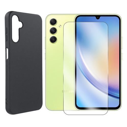 Coque Silicone Noir Mat Pour Samsung Galaxy A34 5g + 2 Verre Trempé Film Protection Écran - Anti Rayures - Ultra Résistant Dureté 9h