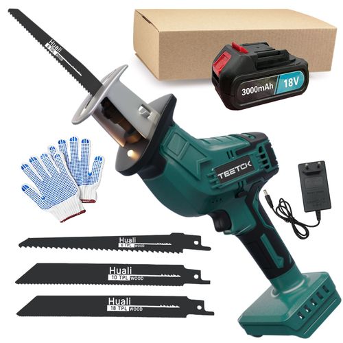 TEETOK Scie sabre Electrique sans fil Portable 3000SPM-850W-LED Saw Scie à électrique Coupes Outil Avec 4 Lames+18V Lithium Batterie 3Ah+chargeur,Compatible avec MAKITA batterie