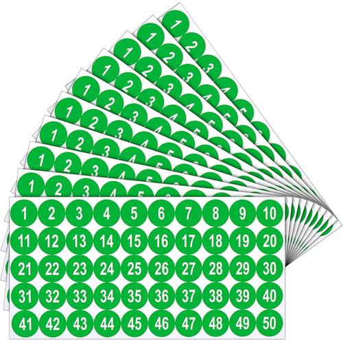 20 feuilles d'autocollants numérotés de 1 à 50 autocollants numérotés continus autocollants auto-adhésifs pour étiquettes imperméables intérieures et extérieures assortiment de stock vert