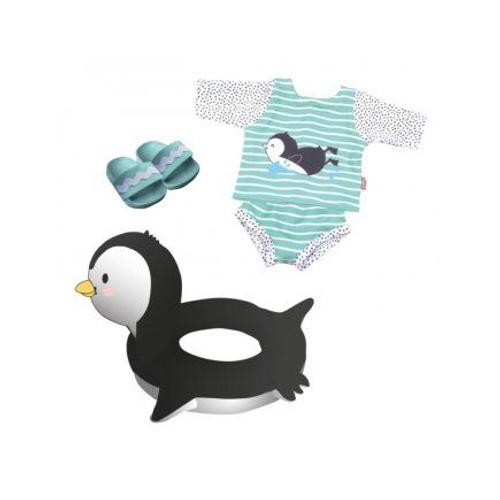 Set Natation Pingouin Pour Poupee 35-45 Cm (T Shirt De Bain, Slip, Claquettes, Bouee) - Habit Poupon, Accessoires Piscine - Ref. 69