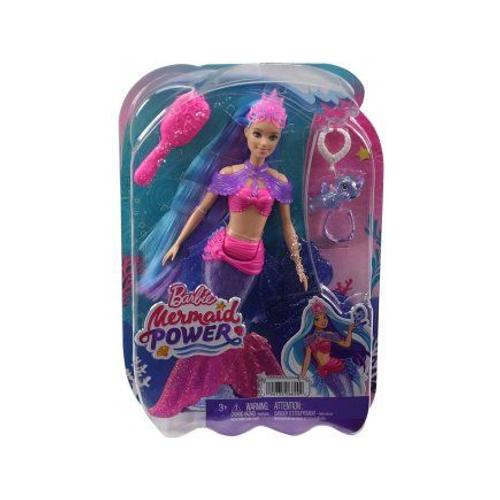 Coffret Barbie Poupee Mannequin Sirene Mermaid Power Cheveux Bleu Et Violet + Animal + 3 Accessoires - Set Poupée + 1 Carte Offerte