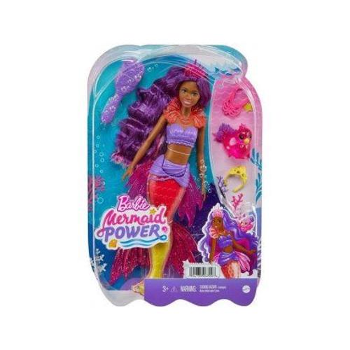 Coffret Barbie Poupee Mannequin Sirene Mermaid Power Cheveux Violet + Oiseau + 3 Accessoires - Set Poupée + 1 Carte Offerte