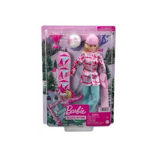 Coffret Barbie Sport D'hiver - Poupee Snowbordeuse Avec Accessoires - Blonde, Articulee - Set Metier Sportive Et Carte