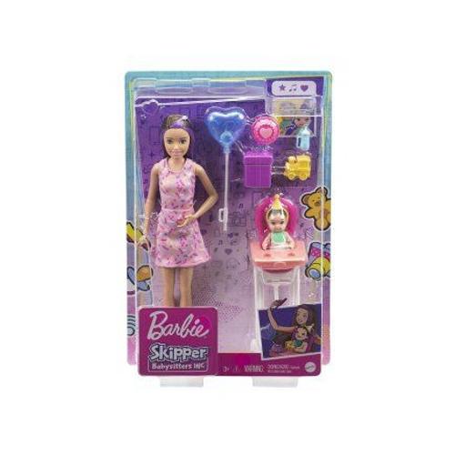 Coffret Barbie Skipper Babysitter Fete Anniversaire - Avec Poupee, Bebe Et Accessoires - Set Famille Et Carte Animaux