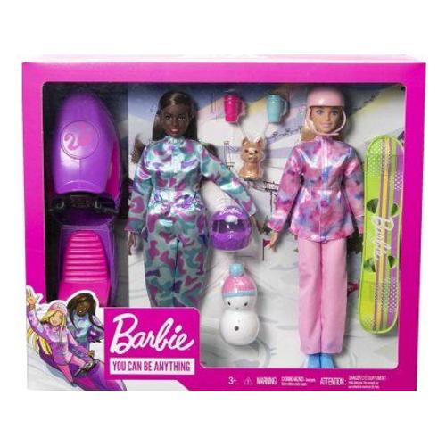Coffret Barbie Motoneige + Snowboard+ 2 Poup?Es Mannequin + 6 Accessoires - Set Sport D'hivers Jouet Fille + 1 Carte