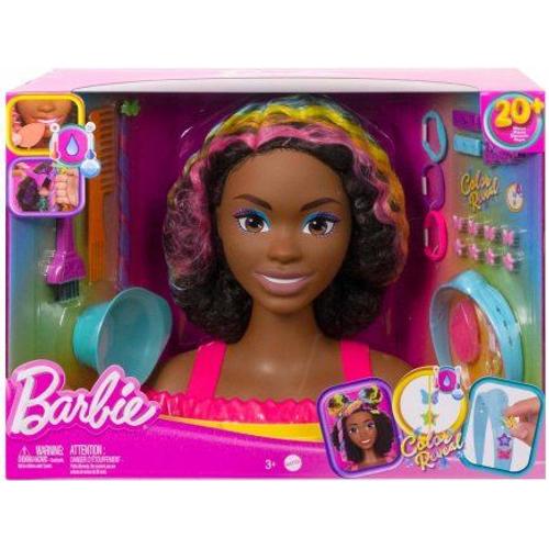 Grande Tete A Coiffer Métisse Noire Avec Meches Arc En Ciel - 22 Accessoires Color Reveal Barbie - Set Jouet Coiffure Fille Et Carte