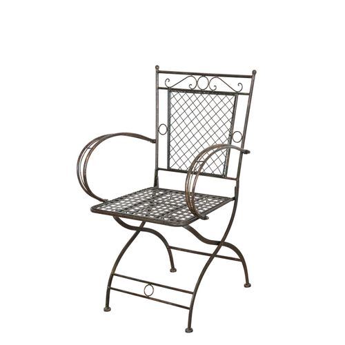 Chaise Ancienne En Fer Forgé Finition Rouille Patinée Avec Accoudoirs L60xpr51xh96 Cm