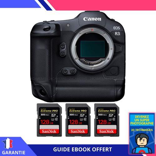 Canon EOS R3 + 3 SanDisk 128GB Extreme PRO UHS-II SDXC 300 MB/s + Ebook 'Devenez Un Super Photographe'