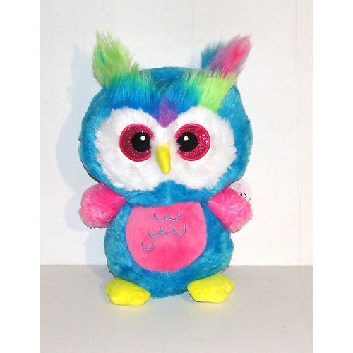 Peluche Chouette Hibou Bleu Rose Jaune Vert Yeux Brillant Forest 30 Cm