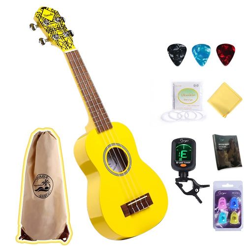 Smiger Professional Soprano Ukulélé Débutant 21 Pouces Mini Kids Guitar Hawaiien Ukele Fast Learn Instruction Book Digital Polishing Cosp Pickerfingertip Protector Yukalalee Kit (Jaune)