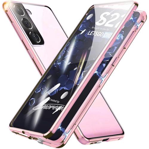 Coque Samsung Galaxy S22 Plus Magnétique Protection 360 Degrés Housse Avant Et Arrière Verre Trempé Transparent Etui Avec Protection Camera Métal Bumper Coque Samsung S22 Plus Antichoc Rose