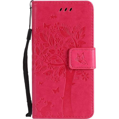 Coque Galaxy A5 2017 Portefeuille Étui En Cuir Pu Flip Arbre Chat Et Papillon Embossed Housse Avec Emplacements Pour Cartes Et Fonction Support Pour Samsung Galaxy A5 2017 Hot Rose