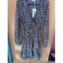 Robe Portefeuille Taille 36 Manches Longues Betty London Fleuri Tons Bleu Foncé Neuve