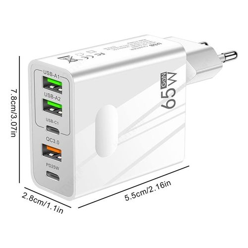 Chargeur Rapide 65w Prise Multiple Avec 2 Usb C + 2 Usb + 1 Qc 3.0 Chargeur 5 Ports Pour Samsung Galaxy A54 5g 6.4"Blanc