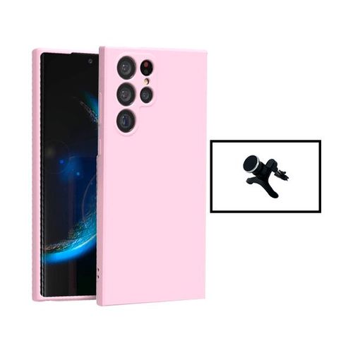 Support Magnétique De Voiture Renforcé De Kit + Couvercle De Silicone Liquide Phonecare Pour Samsung Galaxy S24 Ultra 5g - Rose