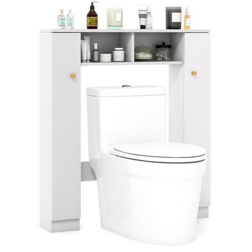 Costway Meuble Wc Au-Dessus De Toilettes, 2 Compartiments, 2 Placard, 4 Étagères Réglables, Anti-Basculement, 18x87,5x98 Cm, Blanc