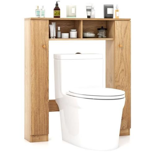 Costway Meuble Wc Au-Dessus De Toilettes, 2 Compartiments, 2 Placard, 4 Étagères Réglables, Anti-Basculement, 18x87,5x98 Cm, Nature